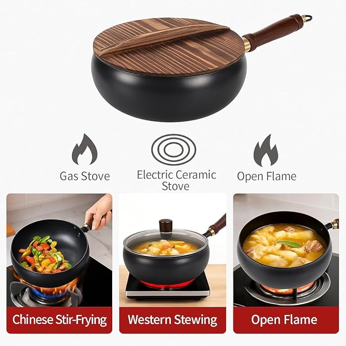 Usceshonn Iron Pot, Handmade Uncoated Thick Iron Wok with Wooden Lid, Japanese Hammered Large Belly Cooking Pan, Non-Stick Deep Stir Fry Pan for Gas & Open Flame (Wooden lid, 10.3in)
