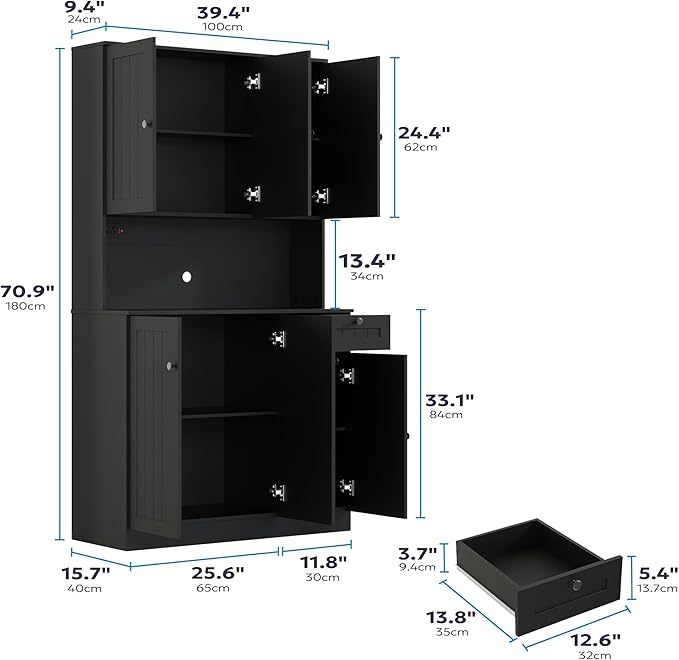 71" Pantry Cabinet with Charging Station, Tall Kitchen Pantry Storage Cabinet with Microwave Stand, Farmhouse Kitchen Hutch with Storage Drawer for Living Room, Dining Room, Black