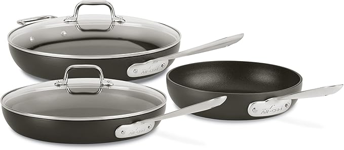 All-Clad HA1 Hard Anodized Nonstick Fry Pan Set ??3-Piece Cookware, 8", 10", 12" Skillets with Lid, Induction Compatible, Oven Safe to 500째F, Lid Safe to 350째F, Black