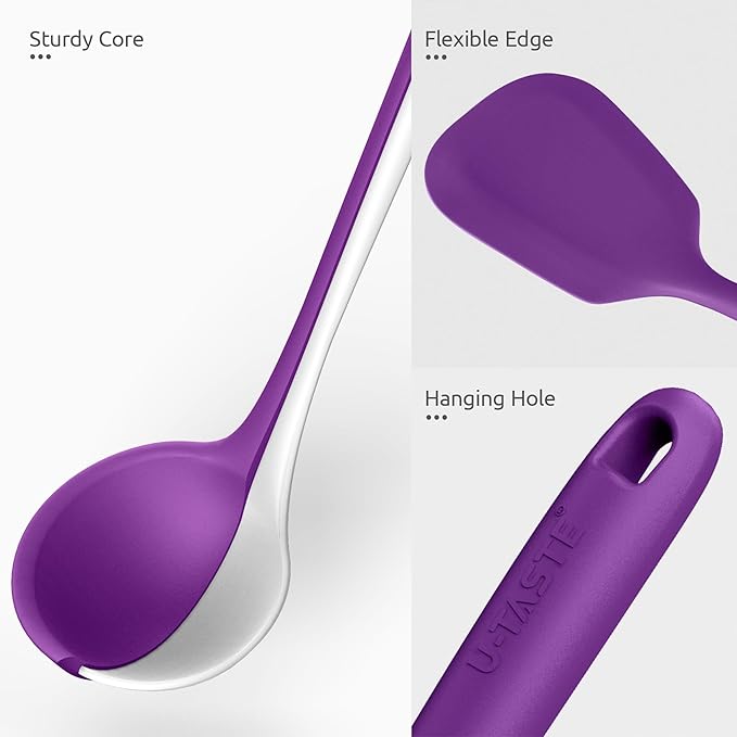 Silicone Kitchen Cooking Utensil Set: U-Taste 600쨘F Heat Resistant 13.6in Extra Long Kitchen Tools, Food-Grade Non-Stick Spatula Turner Spoon Ladle for Stir Frying, Serving, Mixing (5 Pieces, Purple)