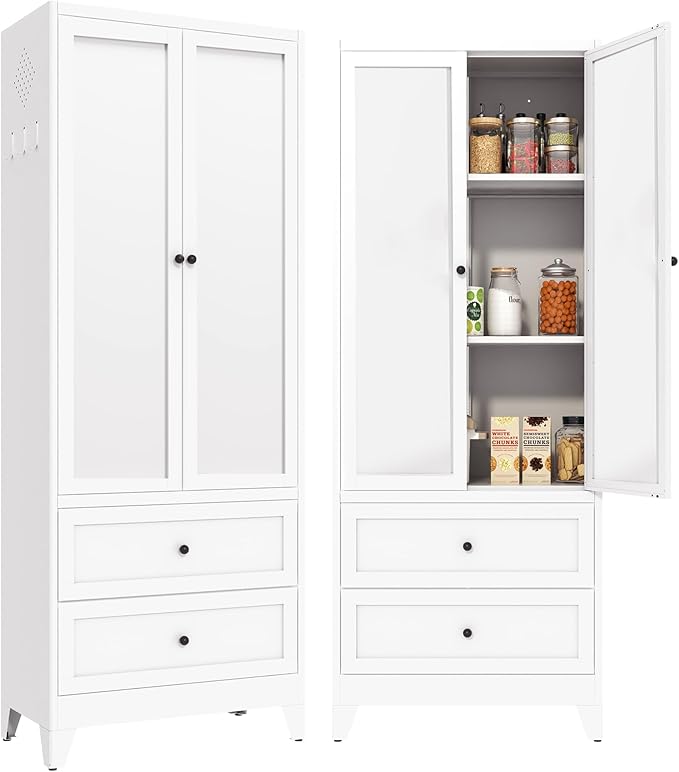 72" Tall Kitchen Pantry Cabinet,White Metal Pantry Cabinet with 2 Drawers & 2 Adjustable Shelves,Utility Storage Cabinet Rust-Resistant for Living Room,Dining Room,Bathroom,Garage,Basement