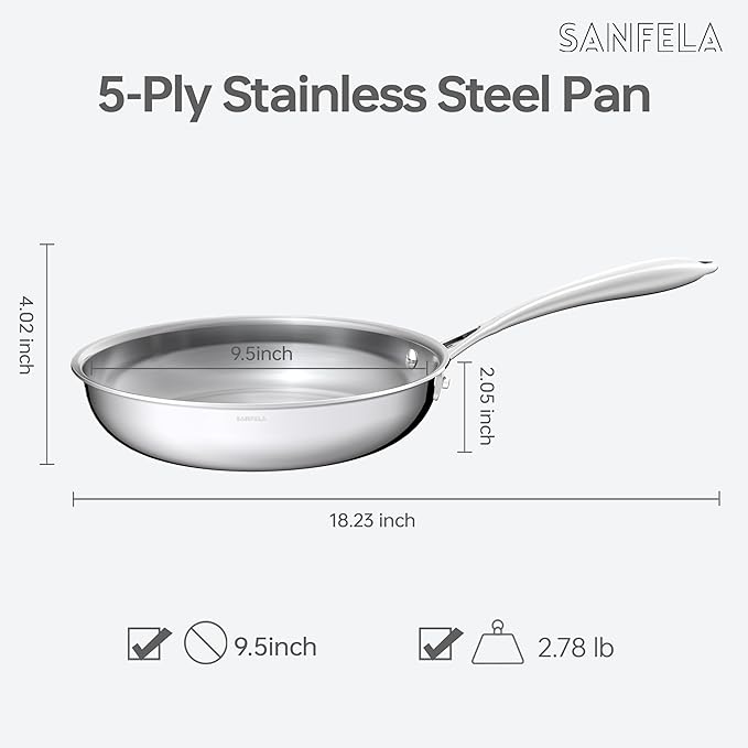 9.5 Inch Stainless Steel Frying Pan, 5-Ply Stainless Steel Pan, Dishwasher and Oven Safe, Induction Pan, Even Heat Distribution