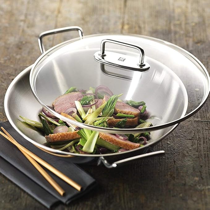 Zwilling Wok, Glass Lid and Removable Grid Insert, Incl. Long Handle, Suitable for Induction, Stainless Steel, Plus,Silver, 횠 32 cm
