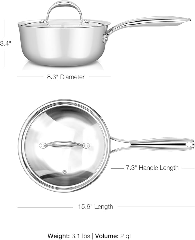 KEAWELL K3 Premium 2-Quart Tri-Ply Stainless Steel Saucepan with Lid, Induction & Oven Safe up to 600째F, Even Heating, Professional Cookware for All Stovetops (2-Qt)