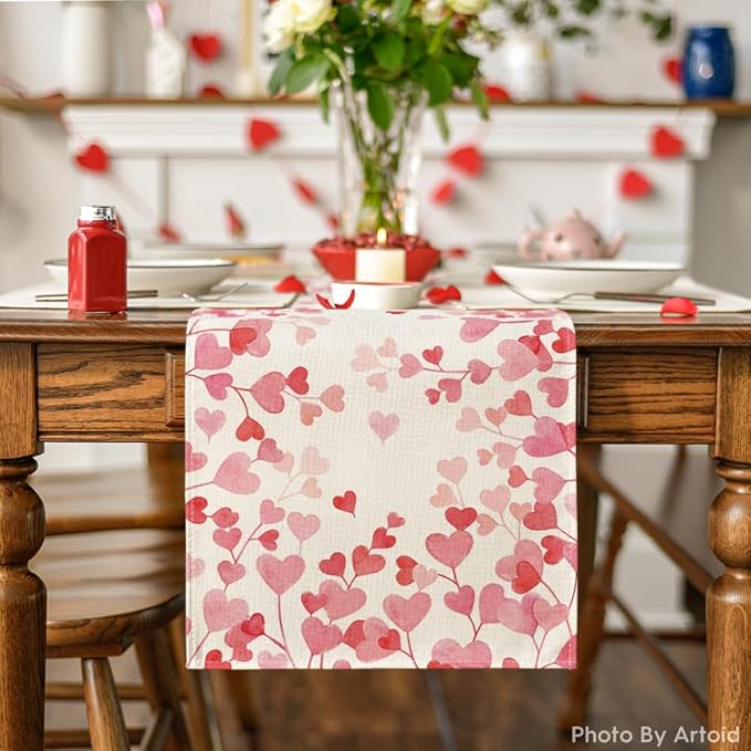 Artoid Mode Pink Love Valentine's Table Runner, Anniversary Wedding Kitchen Dining Table Decoration for Home Party Decor 13x48 Inch