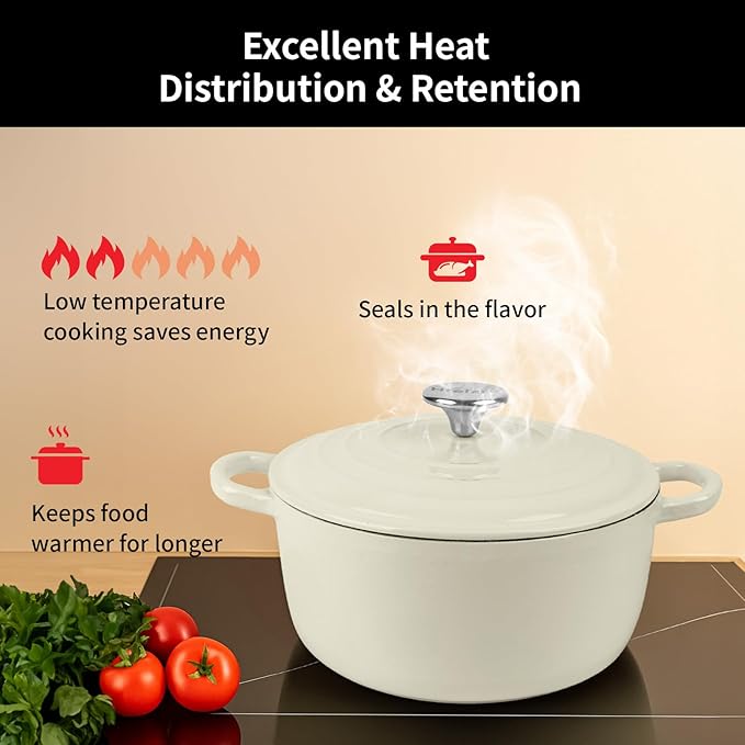 Enameled Cast Iron Dutch Oven Pot with Lid, 3.9 Quart Dutch Oven for Bread Baking, Oven Safe up to 500째 F, Suitable for Bread Baking, Braising, Roasting, Stews, White