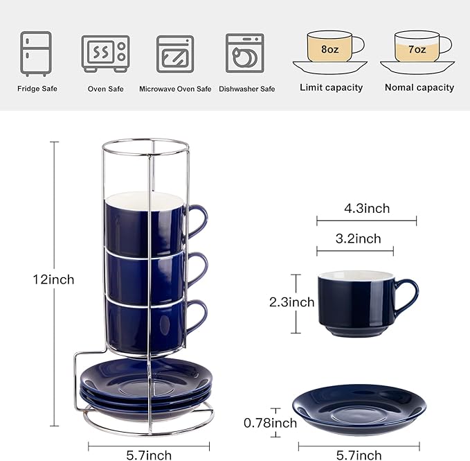 8oz Porcelain Cappuccino Cups with Saucers and Metal Stand, Stackable Coffee Cups for Specialty Coffee Drinks, Cappuccino, Latte, Espresso, Americano and Tea - Cups Set of 4, Blue
