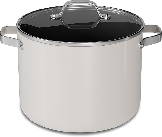 Bakken 12.5 Quart Ceramic Coated Stock Pot with Lid, Easy Clean Nonstick Pot, Tempered Glass Lid, Riveted Stainless Steel Handles, Oven Safe Up To 500째F, PTFE & PFAS Free, All Stove Compatible, Cream