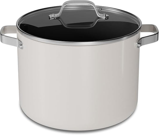 Bakken 12.5 Quart Ceramic Coated Stock Pot with Lid, Easy Clean Nonstick Pot, Tempered Glass Lid, Riveted Stainless Steel Handles, Oven Safe Up To 500째F, PTFE & PFAS Free, All Stove Compatible, Cream