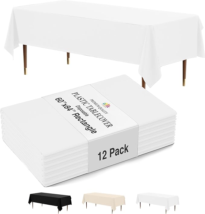Party Solids 12-Pack White Plastic Disposable Tablecloth ??Size: 60 횞 84 Inches ??Rectangle Table Cover for Parties, Picnics & Formal Events