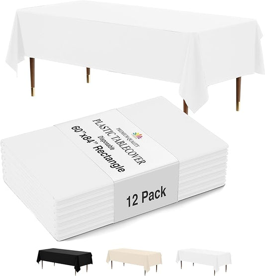 Party Solids 12-Pack White Plastic Disposable Tablecloth ??Size: 60 횞 84 Inches ??Rectangle Table Cover for Parties, Picnics & Formal Events