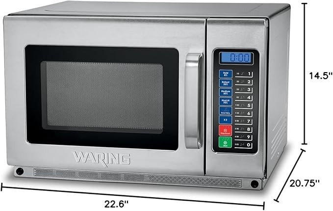Waring Commercial WMO120 Heavy Duty Microwave Oven, 1.2 Cubic Feet, 10 Programmable Memory Settings, 5 Power Levels, Stainless Steel Construction, 208/230V, 1800W Dual Magnetrons, 6-15 Phase Plug