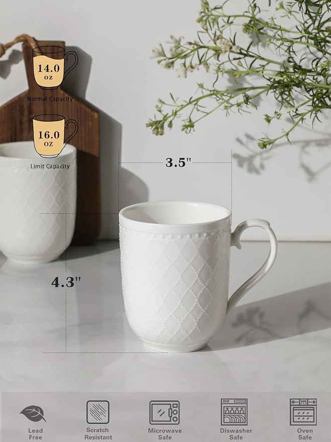 Kanwone Coffee Mugs 16oz, Ceramic Mugs Set, Porcelain Cups with Handle for Latte, Hot Tea, Cappuccino, Mocha, Cocoa, Housewarming Wedding Gift, Microwave and Dishwasher Safe, Set of 4, White