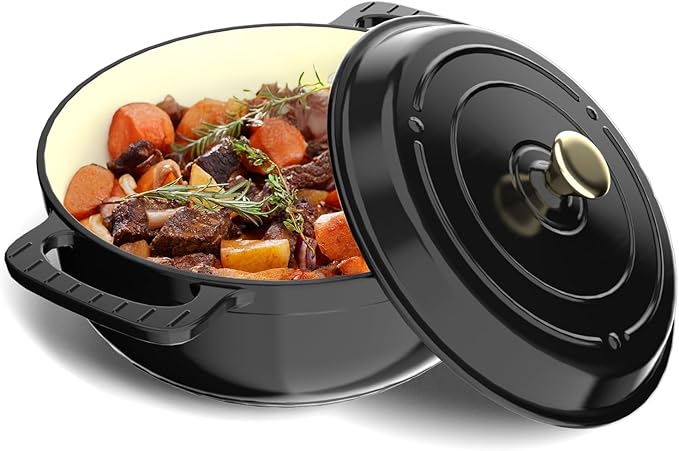 Bonnlo 6QT Round Dutch Oven, Enameled Cast Iron Dutch Oven Pot with Lid & Dual Handles, Oven Safe Up to 500째 F, for Sourdough, Bread Baking, Stews and Roasting (Black)