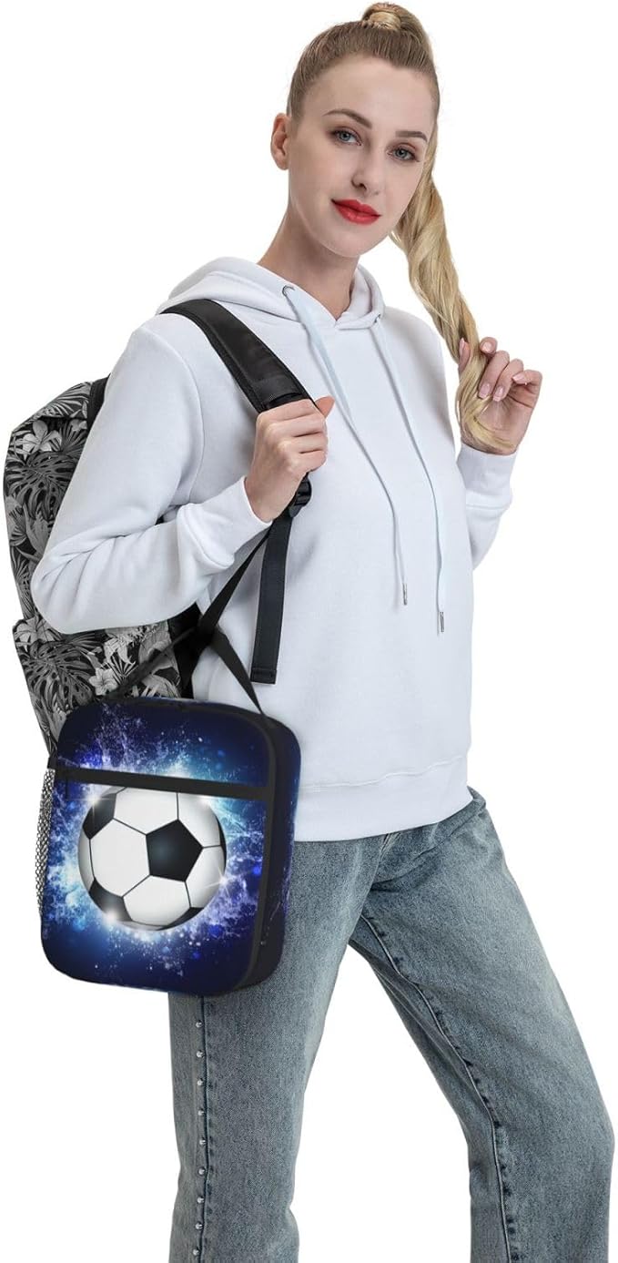YIJIUWKIS Sports Lunch Box with Soccer Pattern Print, Blue Insulated Lunch Bag for Kids Teens Boys Girls, Reusable Lunch Bag Ice Packs Containers Tote Handbag with Water Bottle Holder and Handle