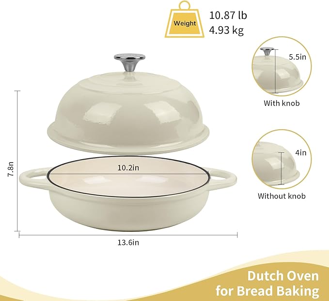 Dutch Oven for Bread Baking, 5.4 Quart Dutch Enameled Cast Iron Bread Oven, Dutch Oven for Sourdough Bread Baking, Oven Safe up to 500째 F, 25 cm White
