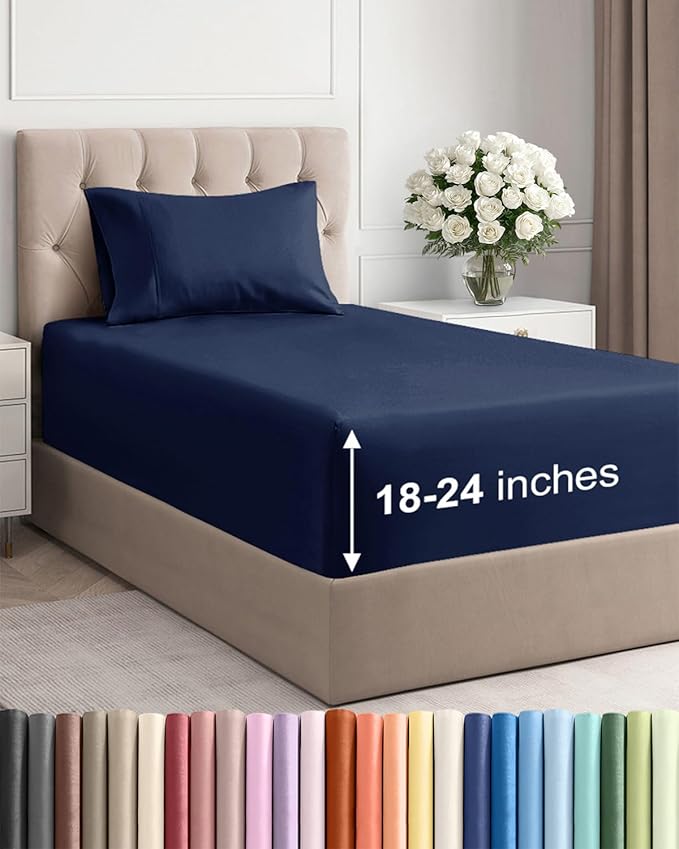 Extra Deep Pocket Twin Sheets - 3 Piece Breathable & Cooling Bed Sheets - Hotel Luxury Bed Sheet Set - Soft, Wrinkle Free & Comfy - Easily Fits Extra Deep Mattresses - Deep Pocket Navy Blue Sheets Set