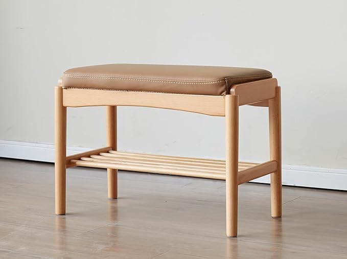 Vadisun Solid Wood Shoe Bench Assembled, Shoe Rack Bench with Silicone Leather Cushion for Entryway, Living Room, Bedroom, Hallway, 11.8" x 31.5" x 16.5", Natural & Brown