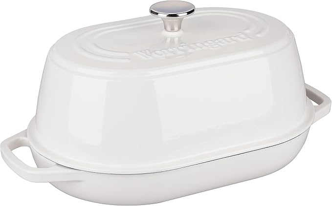 Enameled Cast Iron Dutch Oven Pot with Dome Lid, Oval Bread Oven for Homemade Sourdough Bread Baking, Oven Safe up to 500째F, 6 Quart, White