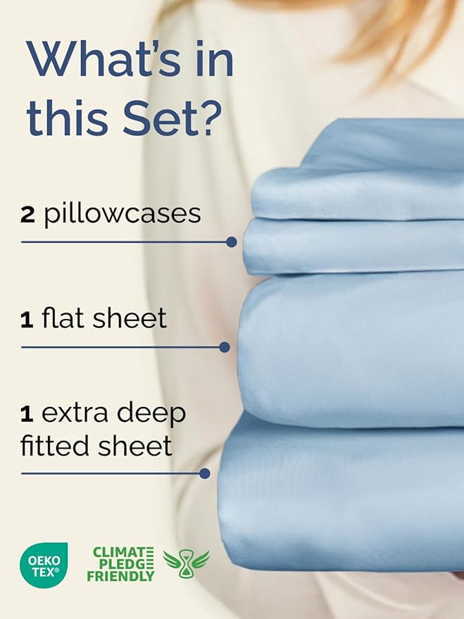 Extra Deep Pocket Queen Sheet Set - 4 Piece Breathable & Cooling Bed Sheets - Hotel Luxury Sheet Set - Soft, Wrinkle Free and Comfy - Easily Fits Extra Deep Mattresses - Deep Pocket Sky Blue Sheets
