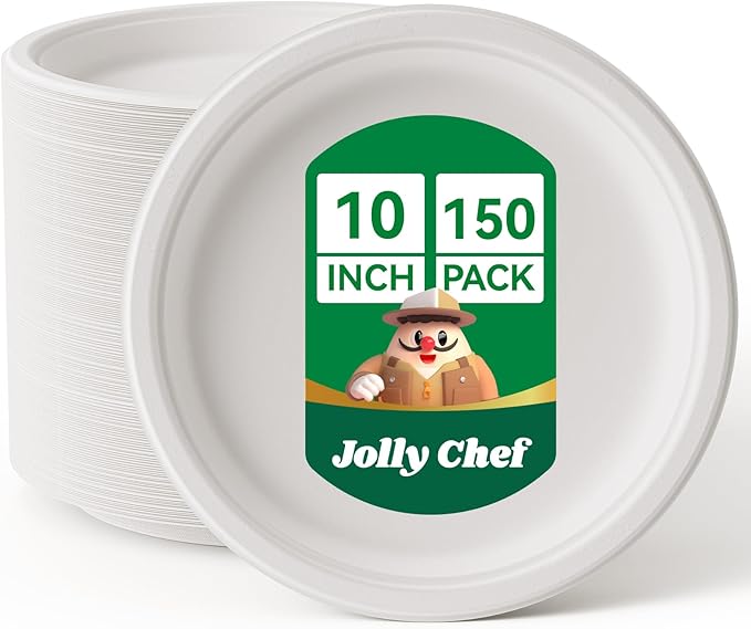 JOLLY CHEF Compostable Heavy Duty Plates ?윮?윭 ?뿙?뿻?뿰?뿵 [?윮?윶?윭 ?뿣?뿮?뿰?뿸] Eco-Friendly Disposable Uncoated Paper Plates Bagasse Biodegradable Bulk for Party Dinner Hot Cold Food Christmas (White)