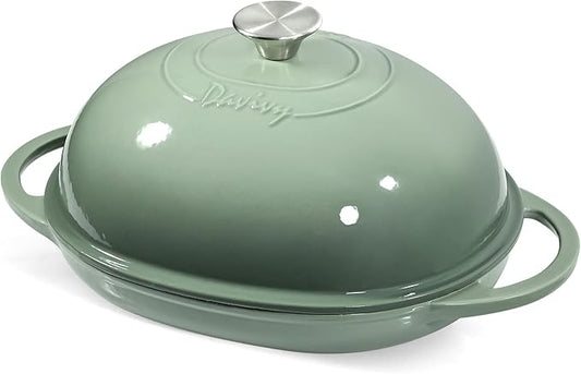 Davivy 6QT Oval Cast Iron Bread Oven with Domed Lid, Dutch Oven for Sourdough Bread, 6QT Bread Cloche Dutch Oven Sourdough Baking Pan with Lid - Sea Salt Green