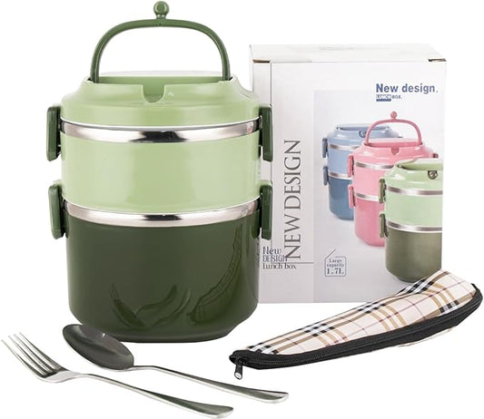 SANQIAHOME 2 Tier Stackable Stainless Steel Lunch Box Sealed(green, 2 layers) with spoon and fork