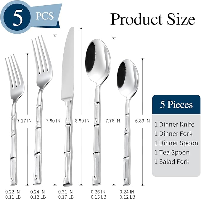 Silverware Stainless Steel Flatware Set Silver Bamboo Pattern Cutlery Set, 5-Piece Service for 1