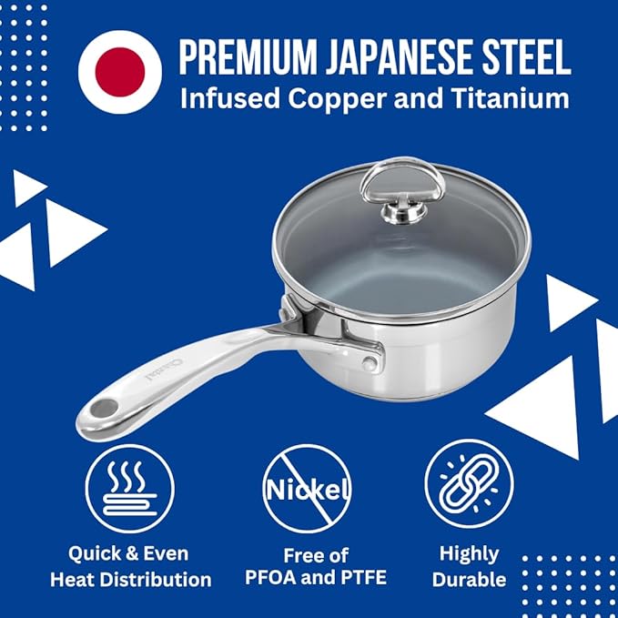 Chantal Induction 21 Steel 1 quart NonStick Saucepan with Tempered Glass Lid, Ceramic Non Stick, Brushed Stainless Steel