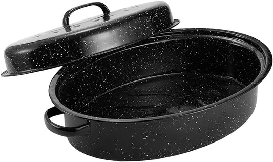Granite Roasting Pan, Medium 16??Enameled Roasting Pan with Domed Lid. Oval Turkey Roaster Pot, Broiler Pan Great for Small Turkey, Chicken, Ham, Dishwasher Safe Fit for Roast 12Lb Bird by Kendane