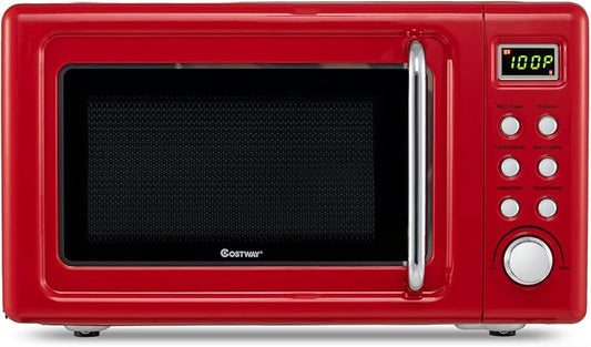 COSTWAY Microwave Countertop, 0.7Cu.ft Microwave Ovens with 5 Micro Power, Delayed Start Function Glass Turntable & Viewing Window, LED Display, Child Lock, Mini Microwave for Small Place (Crimson)