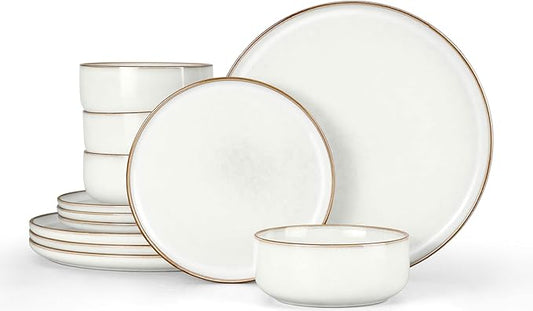 Herogo Plates and Bowls Sets for 4, 12 Pieces Stoneware Dinnerware Sets, Double Reactive Glaze, Microwave & Dishwasher Safe, Scratch Resistant, Ivory White