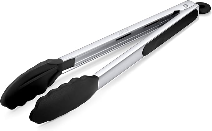 Salad Tongs, 7/9/12/16 Inch Silicone Food Tongs with 304 Stainless Steel Core, Easy-Grip, in Pistachio, Black, Blue, Orange, Red (Black, 12inch)
