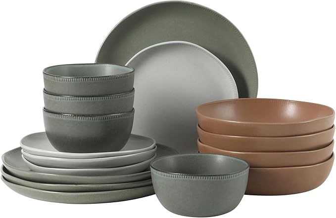 Gibson Elite Menlo Park 16-Piece Pottery Clay Stoneware Dinnerware Set ??Assorted Color Reactive Glaze, Organic Shape Embossed Plates and Bowls W/Pasta Bowl, Service for 4 Microwave Dishwasher Safe