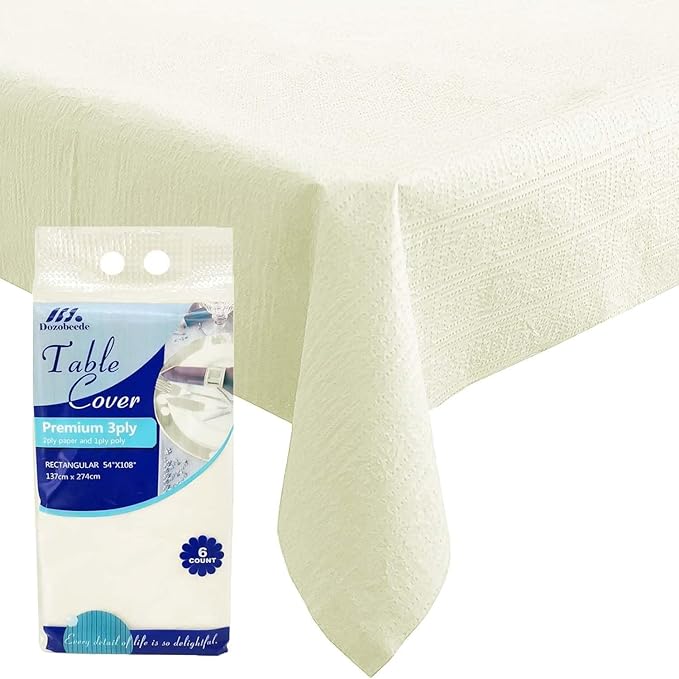 [6 Pack] Cream White Paper Tablecloth Disposable for Rectangle Tables, 54 X 108 Inch Party Table Cover with Plastic Backing, Waterproof 3 Ply Table Cloth for Wedding Buffet Indoor Outdoor