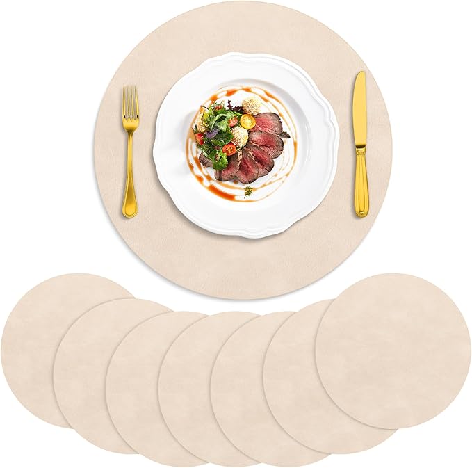 ADRIMER Placemats, Heat Resistant Round Placemats Set of 8 Washable, Waterproof Table Mats, Wipeable Faux Leather Place Mats for Kitchen, Dining Room, Beige