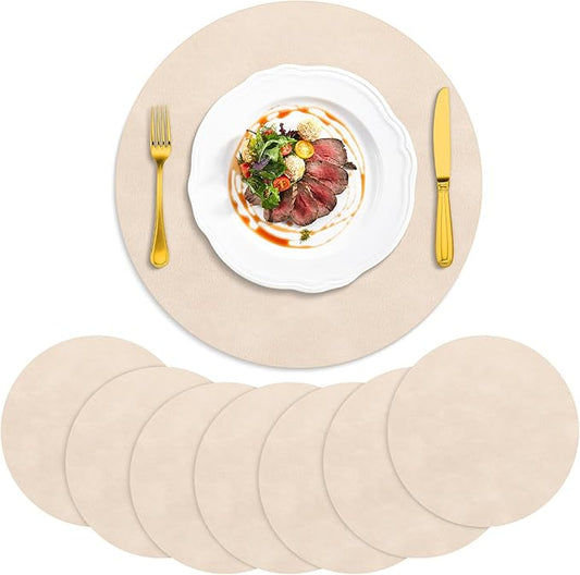 ADRIMER Placemats, Heat Resistant Round Placemats Set of 8 Washable, Waterproof Table Mats, Wipeable Faux Leather Place Mats for Kitchen, Dining Room, Beige