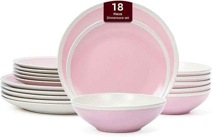 Rock Ridge Speckled Stoneware Dinnerware Set (18pc Set, Pink and Ivory)