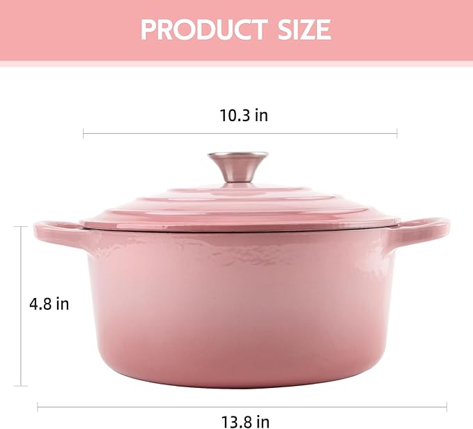 6 Quart Dutch Oven Enameled Cast Iron with Lid - Big Dual Handles - Oven Safe up to 500째F - Classic Round Pot for Versatile Cooking (Pink, 6 QT)