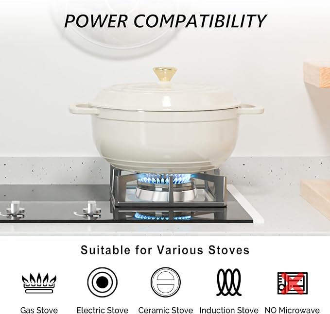 VINGLI 6QT Enameled Cast Iron Round Dutch Oven Pot with Lid, NonStick Casserole Pot with Dual Handles & Silicone GlovesRed, Oven Safe up to 500째F or on Stovetop, Dutch Oven for Bread Baking, White