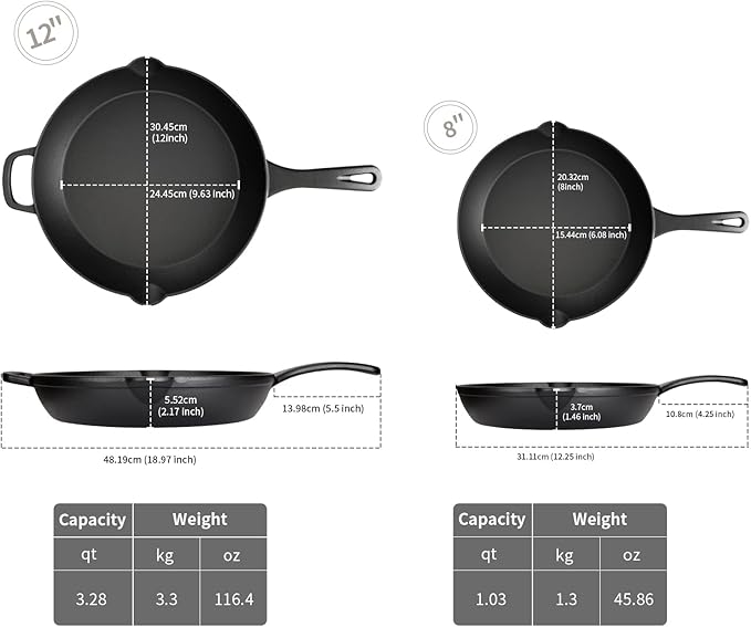 Cast Iron Skillet Set (8??+ 12?? ??Pre-Seasoned Frying Pan Duo, Holiday Kitchen Cookware Set for Everyday Cooking, Oven & Grill Safe