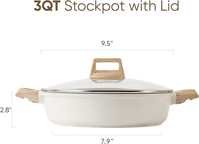CAROTE 3 Qt Nonstick Stock Pot with Lid Soup Pot with Lid, Casserole Super Easy to Clean Non Stick Cooking Pot Cookware PFOA Free, White Granite