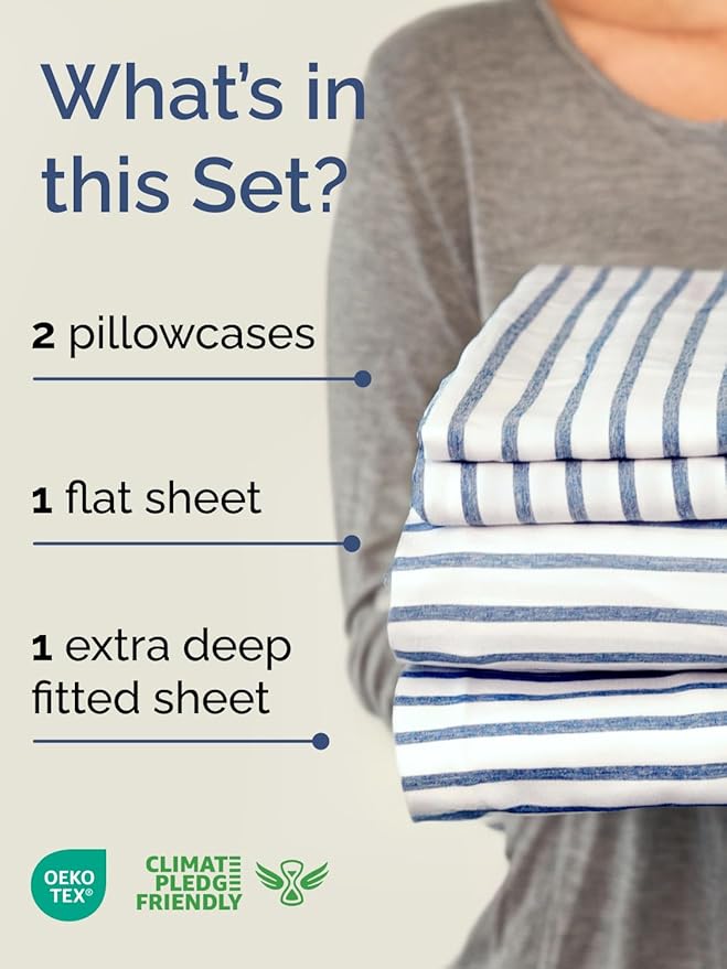 Extra Deep Pocket King Sheets - 4 Piece Breathable & Cooling Bed Sheets - Hotel Luxury Bed Sheet Set - Soft, Wrinkle Free & Comfy - Easily Fits Extra Deep Mattresses - Deep Pocket Blue Striped Sheets