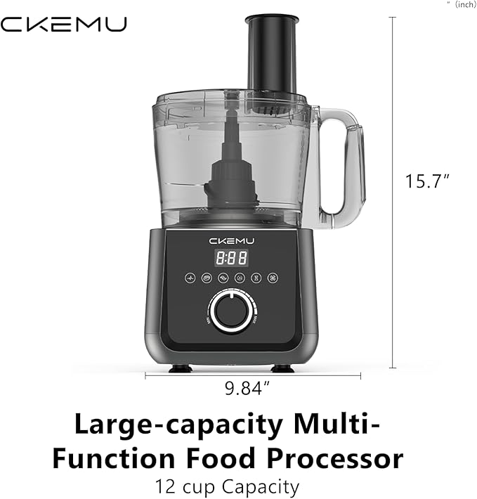 CKemu Smart Food Processor and Vegetable Chopper, 12 Cup Bowl, 6 Functions for Chopping, Slicing, French Fries, Purees & Dough, Food Chute & Pusher, Silver