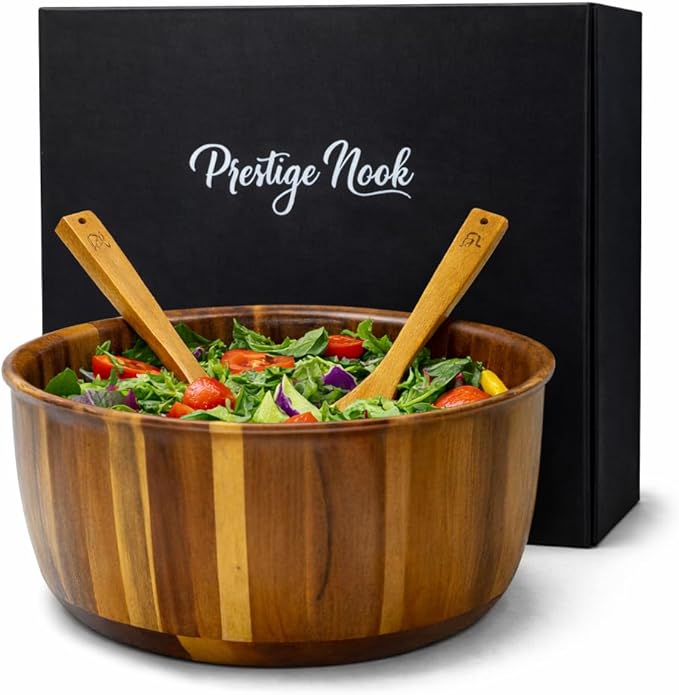Extra Large Wooden Salad Bowl - 12??x 5??Acacia Wood Serving bowl with 2 servers, Large Fruit bowl for food with serving utensils, Housewarming Wedding Christmas Gift