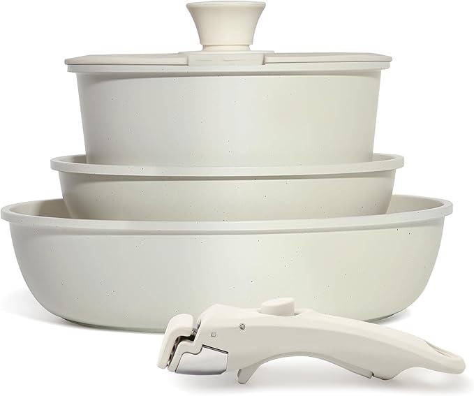 5PCS Pots and Pans Set Non Stick, Kitchen Cookware Sets with Detachable Handle, Induction Cookware Sets, Non Stick RV Cookware Cooking Set, Dishwasher 竊?Oven Safe, PFOA Free, Cream White
