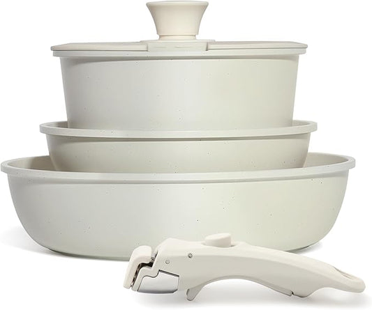 5PCS Pots and Pans Set Non Stick, Kitchen Cookware Sets with Detachable Handle, Induction Cookware Sets, Non Stick RV Cookware Cooking Set, Dishwasher 竊?Oven Safe, PFOA Free, Cream White
