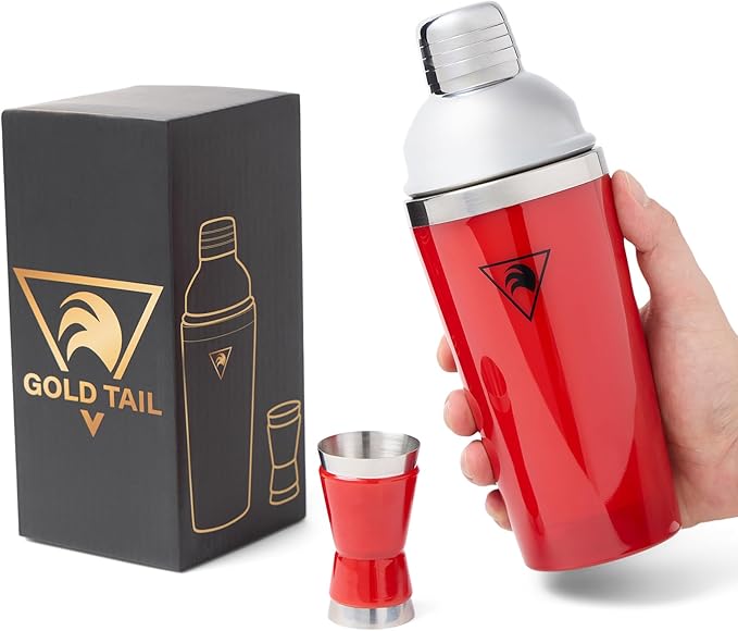 Cocktail Shaker Set 17oz ??Red Stainless Steel Cobbler Shaker with Jigger, Leak-Proof & Non-Slip Base ??Premium Bar Tool