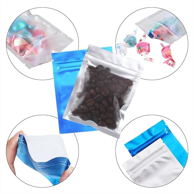 Blulu 100 Pieces Resealable Foil Proof Bags Scent Proof Flat Pouch Clear Smell Sealable Packing Bags Iridescent for Food Storage Snack Jewelry(3 x 4 Inch,Blue)