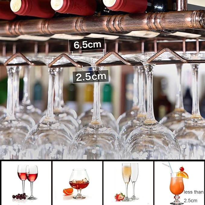 Rustic Wine Rack Wall Mounted with Glass Holder, Adjustable Hanging Bar Wine Glass Rack Ceiling, 47.2in Bottle Holder Wine Shelf Shelves, Perfect for Bar Kitche